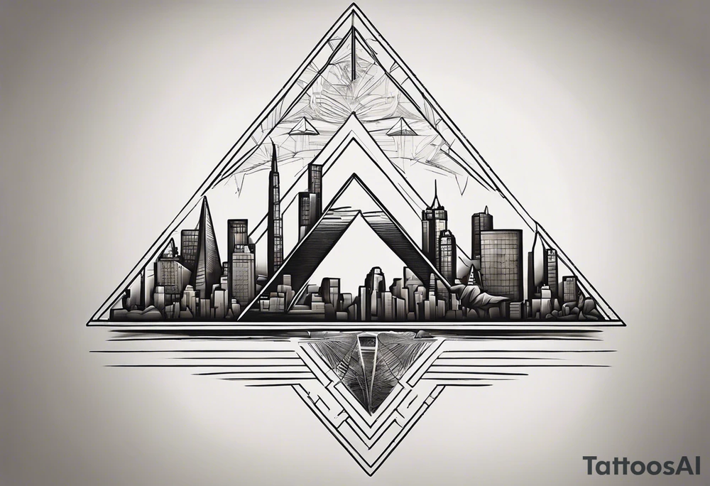 Create a visually dynamic tattoo that seamlessly blends the timeless elegance of the three Pyramids of Giza with the modern allure of the Manhattan skyline. Envision the pyramids standing majestically, perhaps incorporating subtle Egyptian motifs like hieroglyphs or an ankh, transitioning smoothly into the iconic structures of New York, such as the Empire State Building and One World Trade Center. tattoo idea