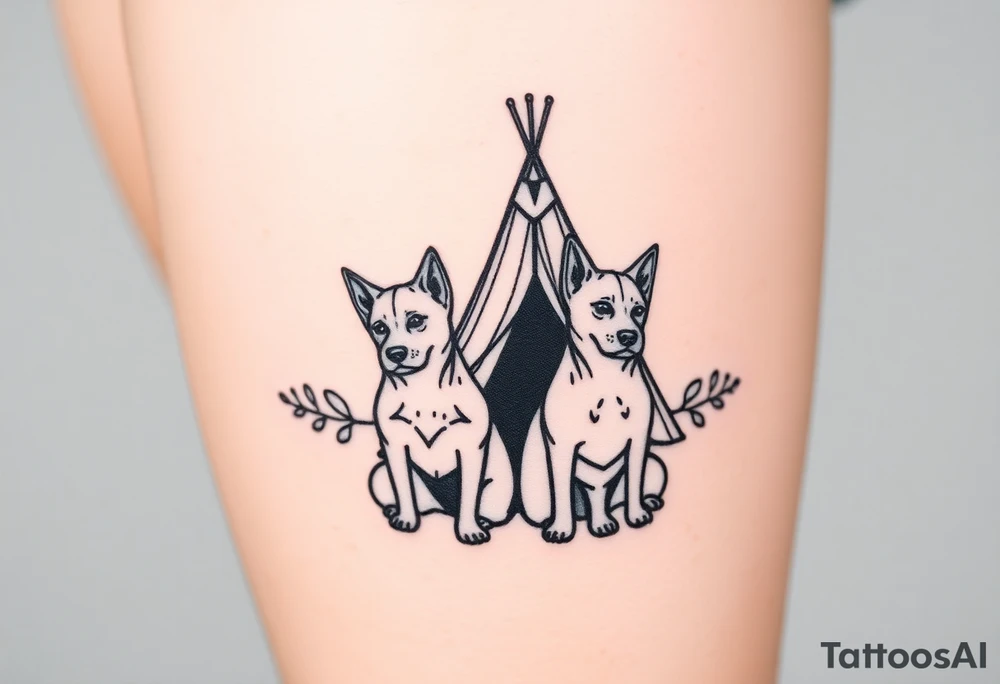 two dogs in front of a teepee tattoo idea