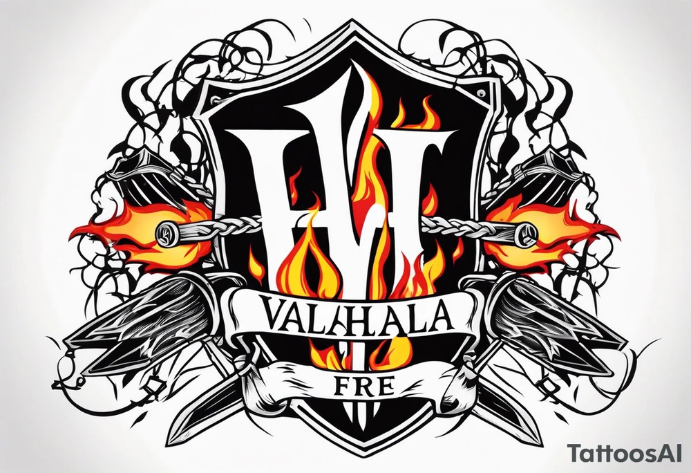 Valhalla on fire
flames sword shield barbed wire tattoo idea