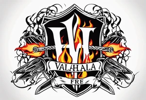 Valhalla on fire 
flames sword shield barbed  wire tattoo idea