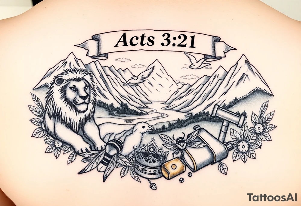 A beautiful heavenly mountain scene with a lake and river.  In it a lion, lamb, and a dove are protecting and playing with honeybees, a crown, a hammer, and a golden nugget.  An Acts 3:21 banner waves over the top of the scene tattoo idea
