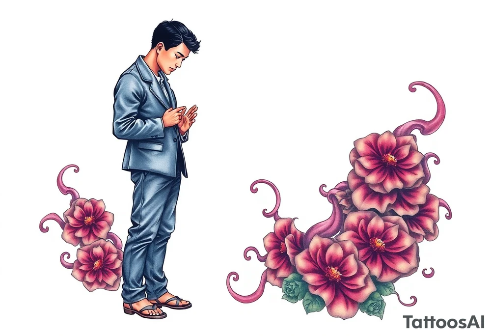 Handsome Asian young guy is standing on his knees apologising tattoo idea
