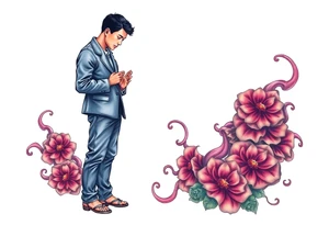Handsome Asian young guy is standing on his knees apologising tattoo idea