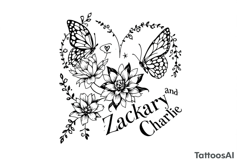 flowers, heart and butterfly with name Zackary and Charlie tattoo idea