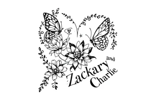 flowers, heart and butterfly with name Zackary and Charlie tattoo idea
