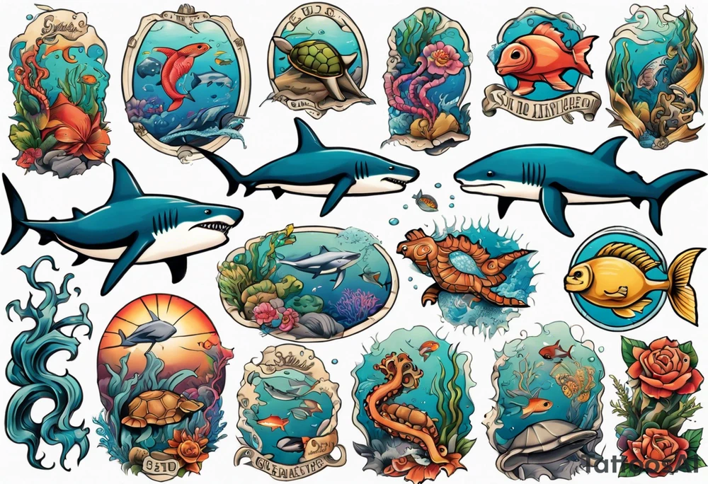An arm sleeve of an aquatic scene of sea animals, including a hammerhead shark, a turtle, an octopus, and a colorful fish tattoo idea