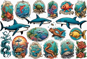 An arm sleeve of an aquatic scene of sea animals, including a hammerhead shark, a turtle, an octopus, and a colorful fish tattoo idea