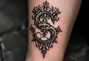 A black and gold "S" designed like an ancient monogram with regal details. tattoo idea
