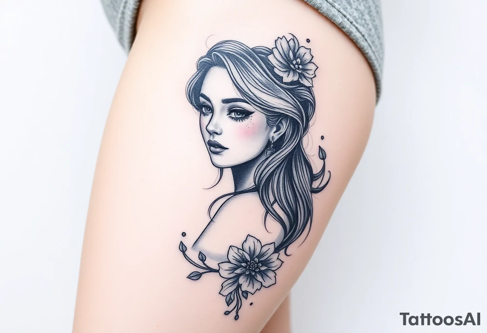 Full thigh tattoo with pretty girl and art work tattoo idea