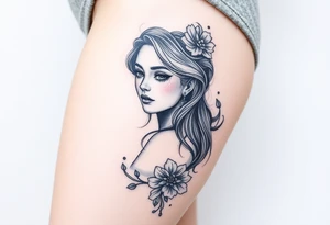 Full thigh tattoo with pretty girl and art work tattoo idea