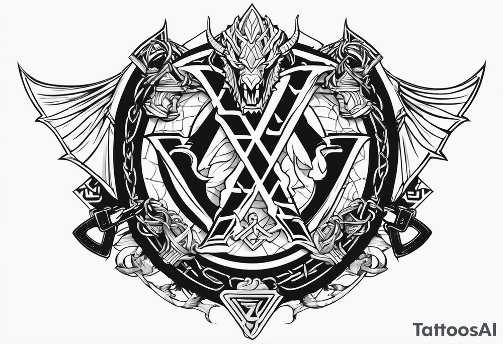 Valhalla sword shield dragon axe Valknut barbed wire chains tattoo idea Valhalla sword shield dragon axe Valknut barbed wire chains tattoo idea