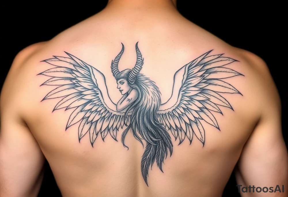 Woman Harpy with horns and lots of feathers tattoo idea