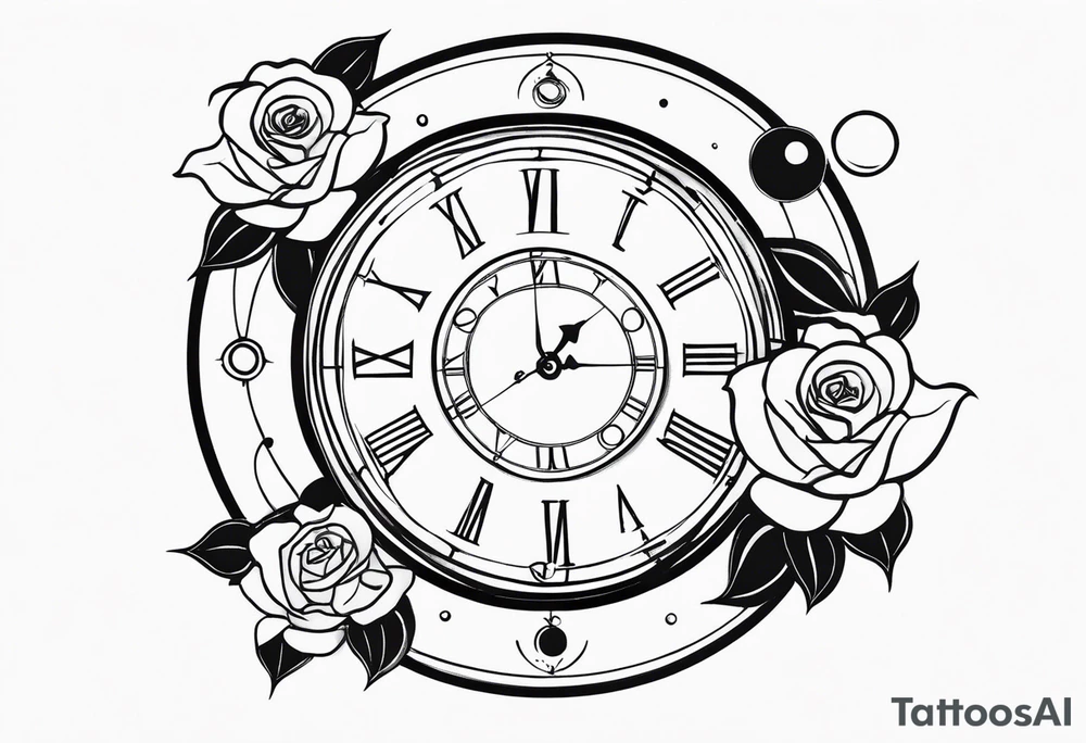 I want a design to print on t-shirts. The design is an hourglass with a wristwatch in the middle with Amazigh numbers, and this watch is surrounded by planets and Ashulk roses. tattoo idea