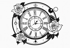 I want a design to print on t-shirts. The design is an hourglass with a wristwatch in the middle with Amazigh numbers, and this watch is surrounded by planets and Ashulk roses. tattoo idea