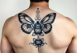 butterfly with cracked wings and lotus flower with quote that says “she wore her scars like wings” all down spine but very elegant towards lower back and small tattoo idea