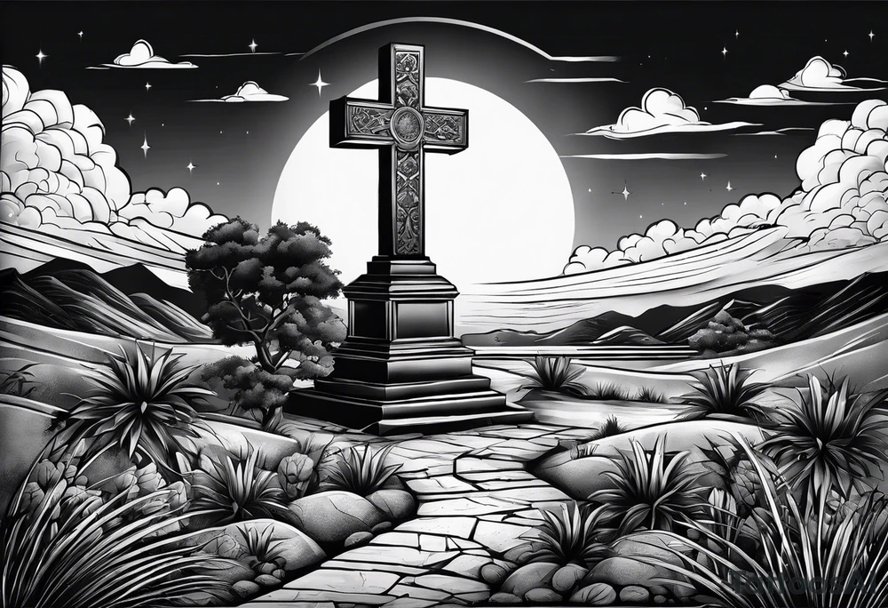 Tomb with cross and sun in the background tattoo idea