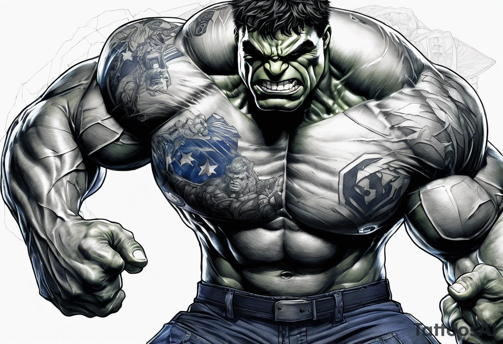 The hulk, wearing a dark blue police shirt and pants. The shirt and pants tattered at the arms and knees. Hulk is visible from head to toe tattoo idea