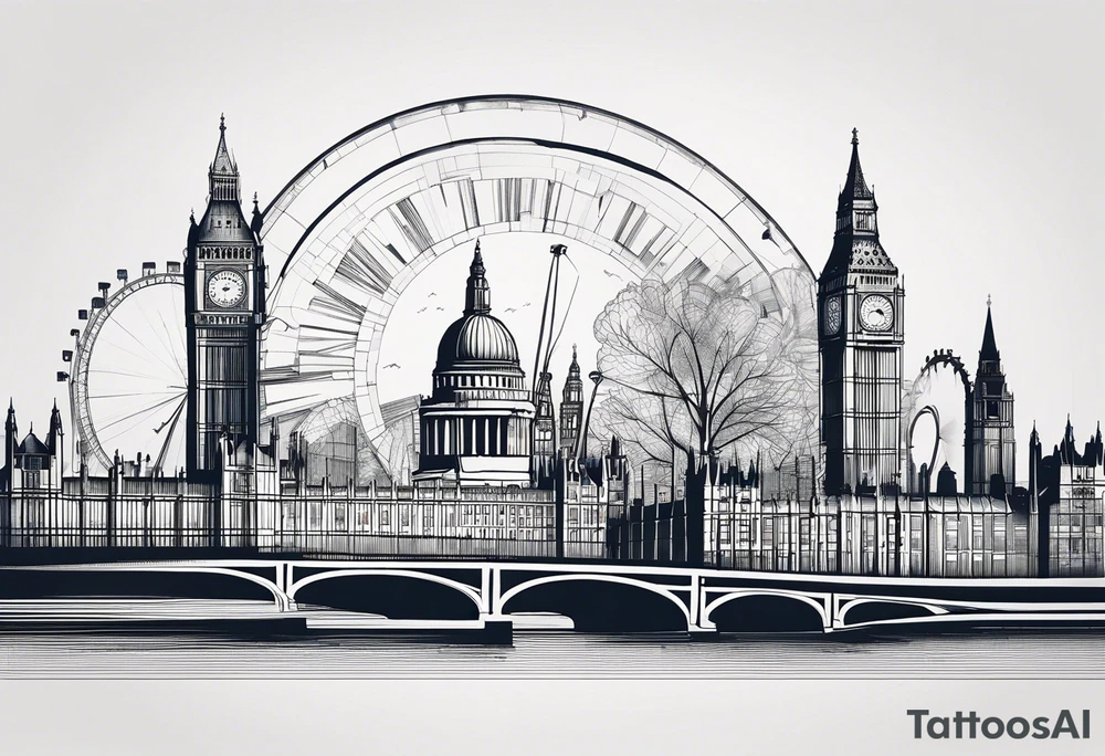 A minimalistic, abstract design capturing the architectural essence and vibe of London. Key elements of London’s skyline and structure are hinted at with clean lines, and subtle detailing includes personal touches, like a nod to Feid’s signature look (hat, glasses, mustache), integrated discreetly to honor a memorable concert experience. tattoo idea