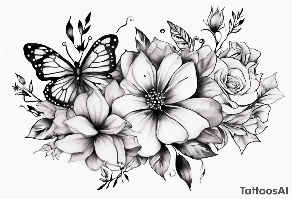 Ankle bracelet tattoo with flowers and butterflies and larger in the centre tattoo idea