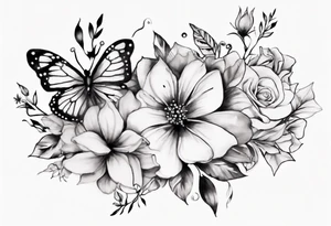 Ankle bracelet tattoo with flowers and butterflies and larger in the centre tattoo idea