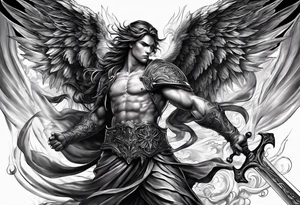 Create a dynamic tattoo of an angel and a demon engaged in a fierce battle, symbolizing the eternal struggle between good and evil within oneself. tattoo idea