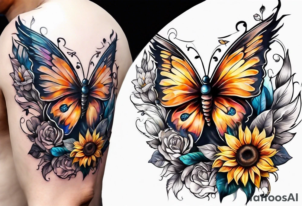 Sleeve with angel wings, sunflower and butterfly tattoo idea