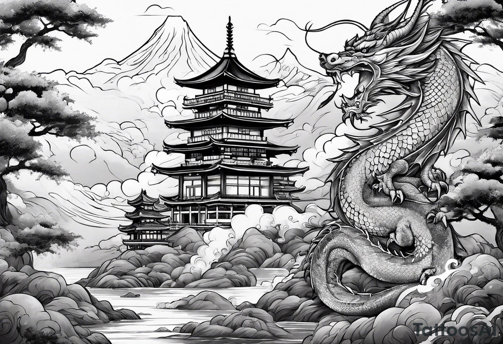 warrior beautiful fairy nymph with a full body with a sword and a full dragon with a mountain with clouds and a Japanese building background tattoo idea