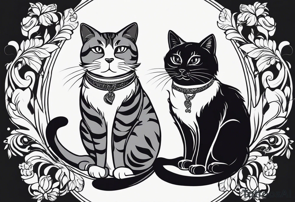 2 Coffee drinking Cats. One is black with white paws and a white tail tip. The other one is black and gray, classic tiger pattern. It should Look really french.
The cats are drinking coffee in a french bistro. They should wear barrets and there should be a baguette somewhere. tattoo idea