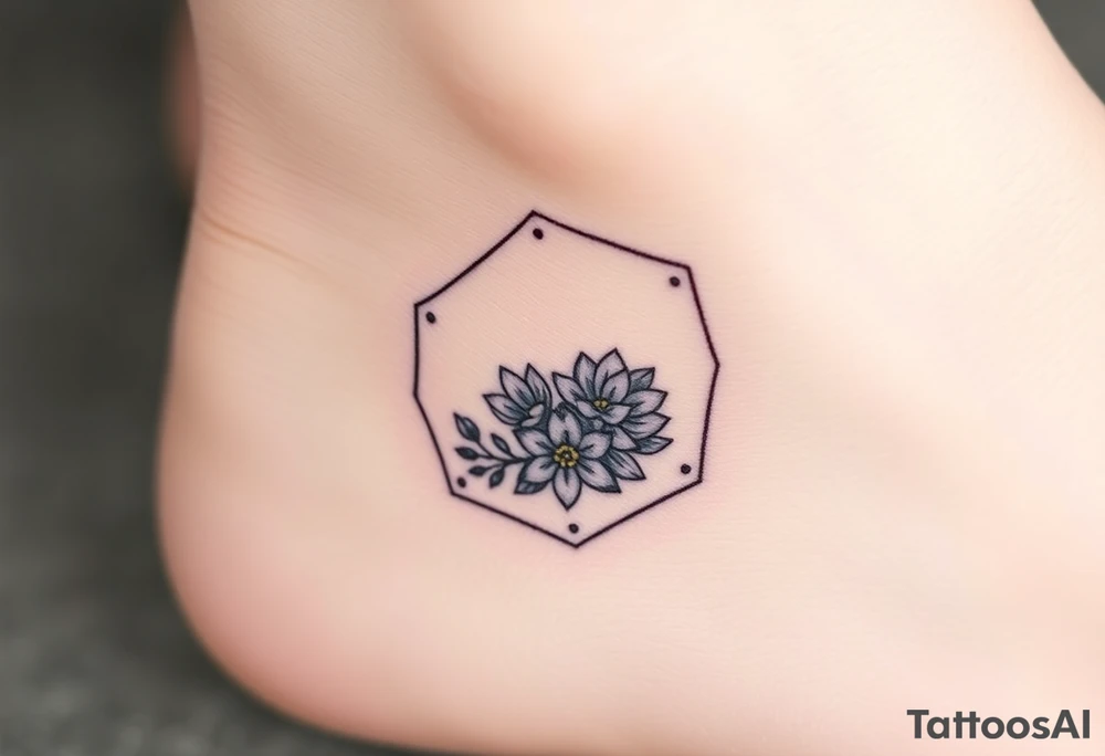 Faint Hexagon with astrological sign for Leo, larkspur and water lilies in the center tattoo idea