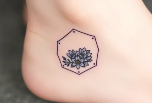 Faint Hexagon with astrological sign for Leo, larkspur and water lilies in the center tattoo idea