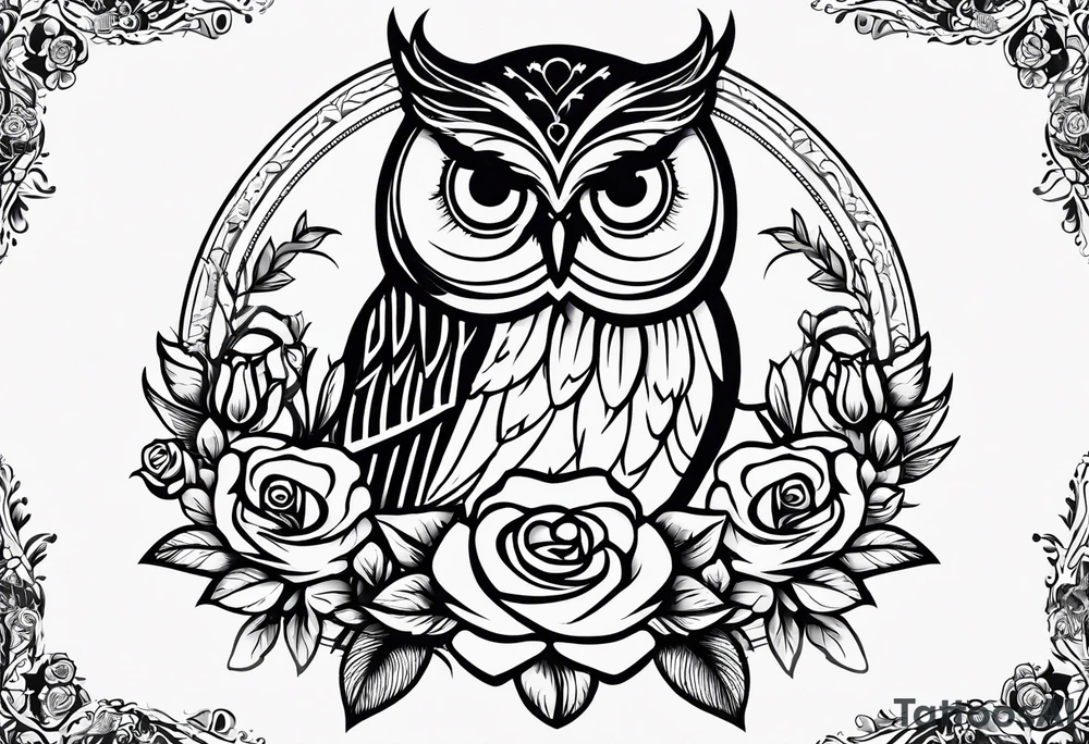 An owl, a rose,  lettering “but the greatest of these is love” tattoo idea