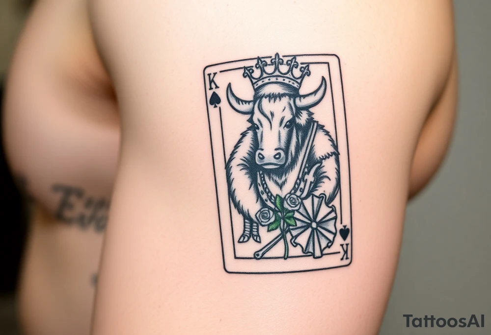 A king playing card with a highland cow, a small four leaf clover surround by roses and a small spanner on the card tattoo idea