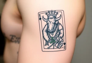 A king playing card with a highland cow, a small four leaf clover surround by roses and a small spanner on the card tattoo idea