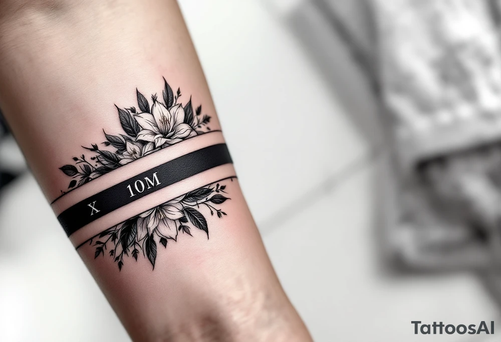 2 black bands with roman numerals across them in negative, between the black bands are full of narcissus flowers and holly tattoo idea