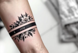 2 black bands with roman numerals across them in negative, between the black bands are full of narcissus flowers and holly tattoo idea