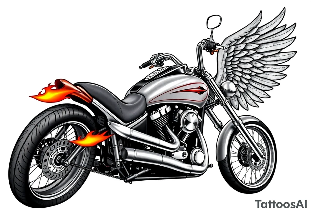 Low rider grey motorcycle, big muffler pipes with flames, angel wings, driving away, no person tattoo idea