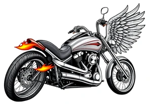 Low rider grey motorcycle, big muffler pipes with flames, angel wings, driving away, no person tattoo idea