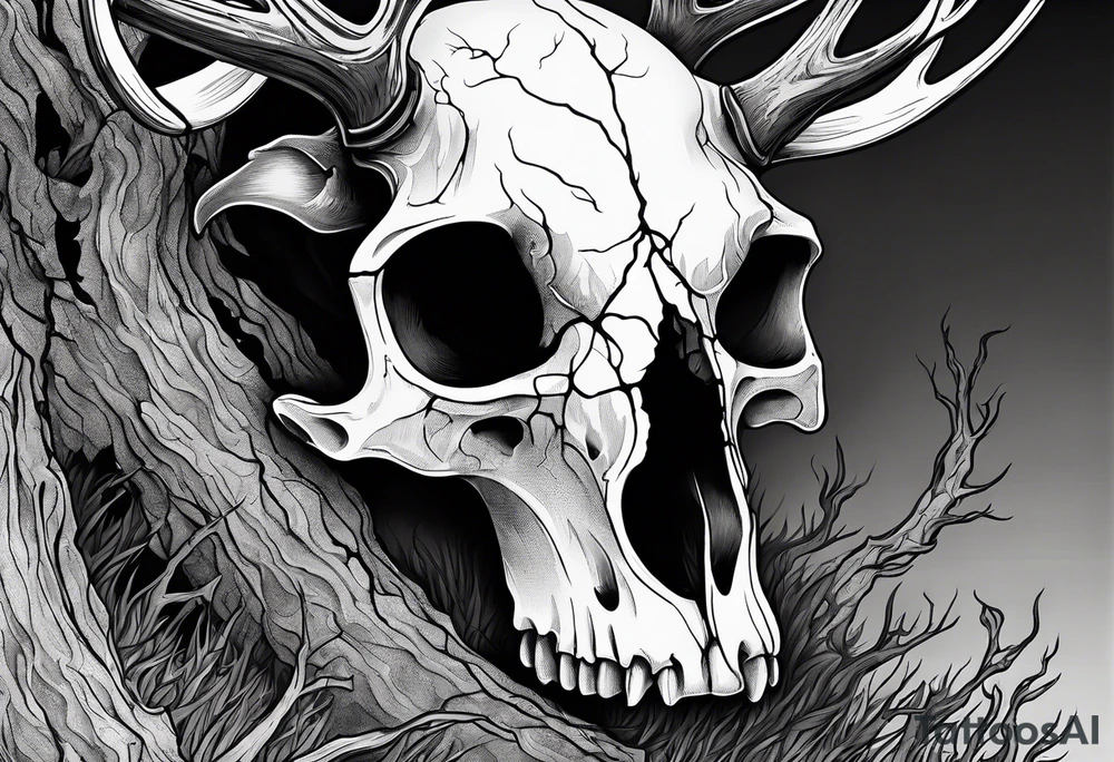 A SCARY side view of a decayed deer skull NO SKIN JUST BONE surrounded by a forest fire in background tattoo idea