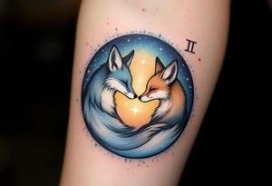 Two twin foxes curled around a glowing Gemini glyph, their fur blending into a cosmic blue and golden gradient tattoo idea