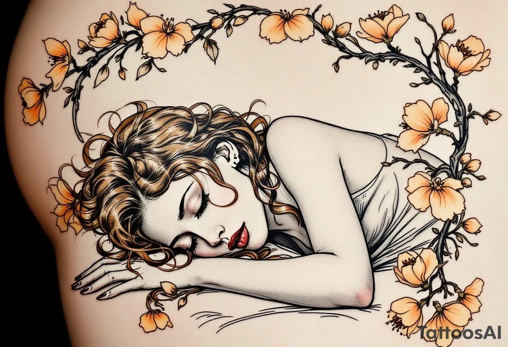 Alfons Mucha’s romantic portrait of a woman with chestnut curls, resting beneath an arched frame of bronze and peach blossoms. tattoo idea