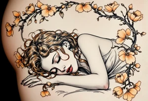 Alfons Mucha’s romantic portrait of a woman with chestnut curls, resting beneath an arched frame of bronze and peach blossoms. tattoo idea
