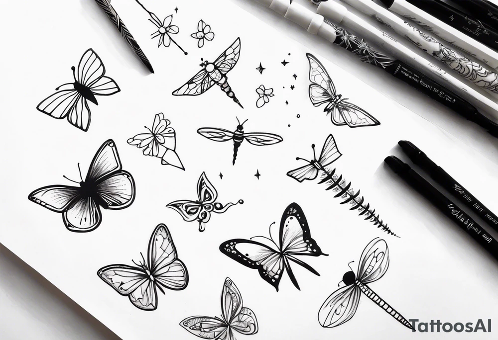 Fine line spine tattoo, butterflies, dragonflies, moons, motivational quote and other unique sketches tattoo idea