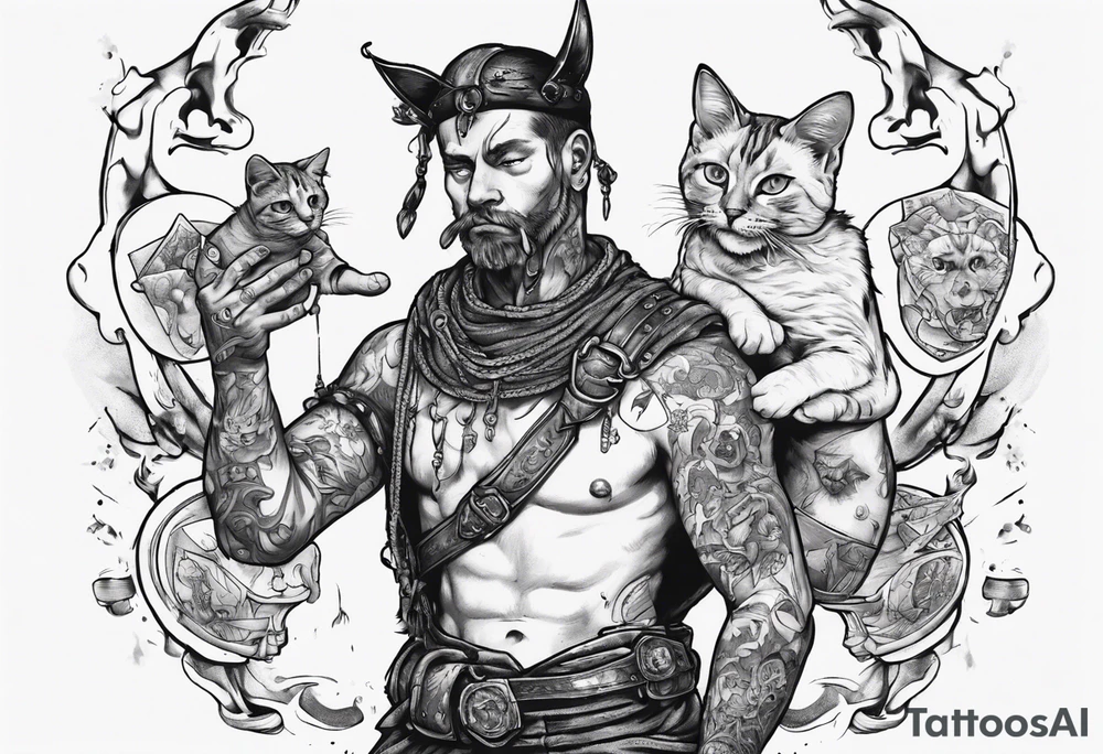 Warrior in the harder feeding a cat with the world on his shoulders tattoo idea
