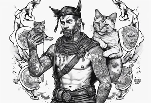Warrior in the harder feeding a cat with the world on his shoulders tattoo idea