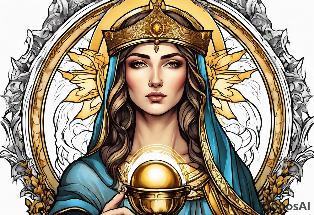 holy saint woman with golden halo holding a chalice tattoo idea