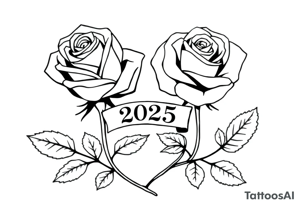 two beautiful large rose buds, one larger than the other, with many leaves next to the rose buds, with one sitting higher than the other. Include a banner connecting the two roses with the year 2025 on it.   Use dark outlines with little shading. The two stems should be short, not long, and connect and join into one stem, whimsically curved or twisted - not straight down. tattoo idea