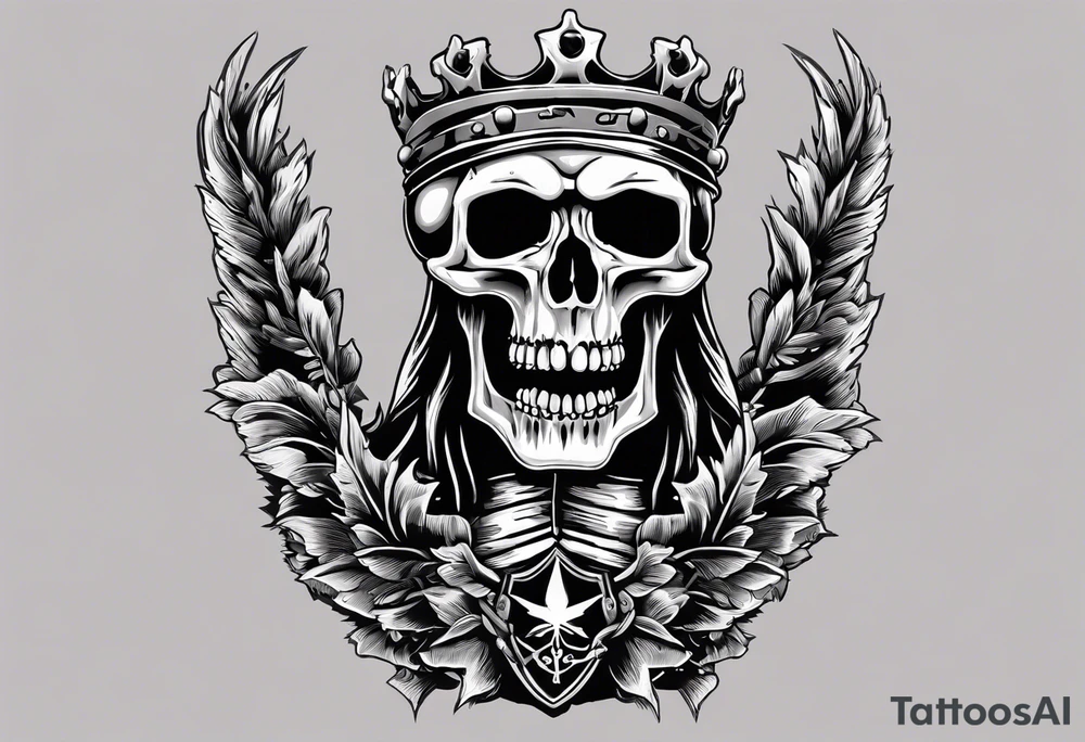 image of a skeleton standing frontally with a crown on his head, holding an AK-47 on his shoulder with his right hand. The chain on the left should be taut, there are three angry barking Dobermans in it, near the waist tattoo idea