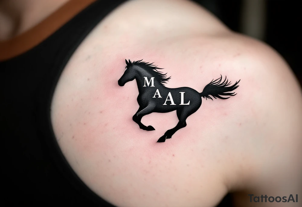 horse silhouette 
from the front which gallops from the front, with the 3 small letters discreetly integrated: M, A, L tattoo idea