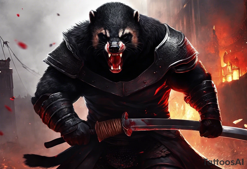 Draw me psychopath Fearless Honey Badger/Berserker with aggressive full body, killer face with a scary smile, very long nails and he attacks like a Bloody Assassin/Warrior/Gladiator to us and also, he has very deadly looking. He fights with his nails only. Everybody scares after their first sight. Give me horror type Badger Tattoo. I want to see his Realistic full body with no weapons. You can show destruction at the back. tattoo idea