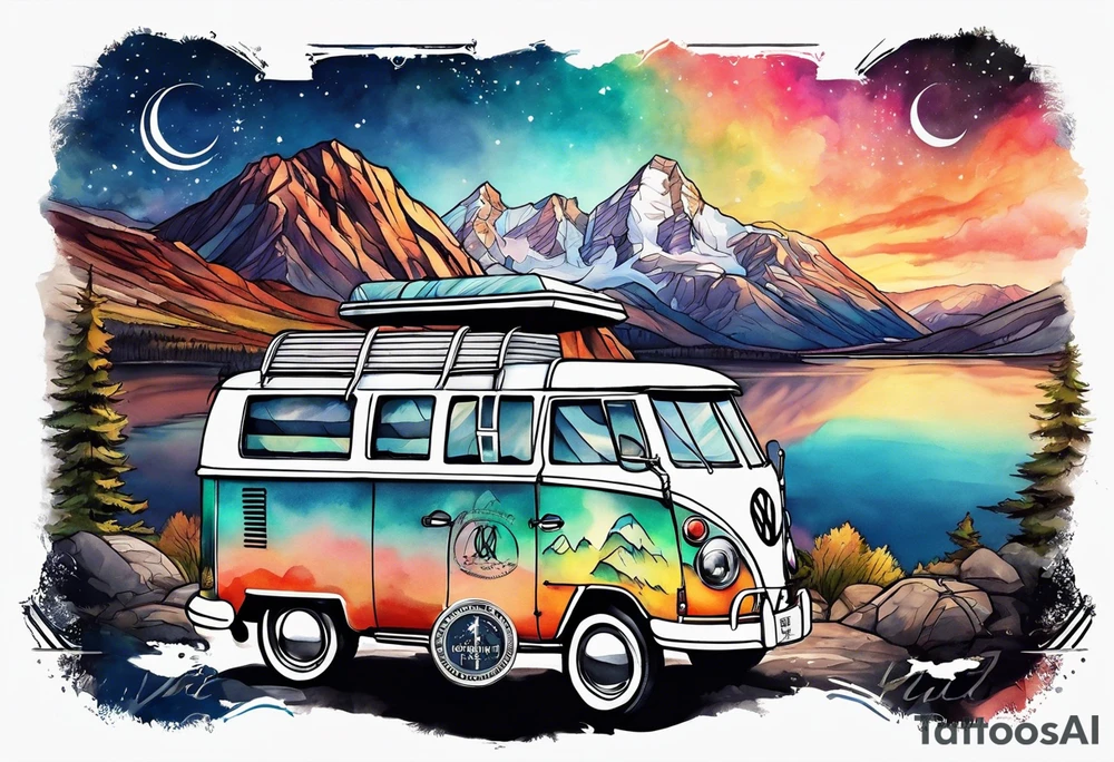 directional Compass, mountains and VW Komi campervan tattoo idea